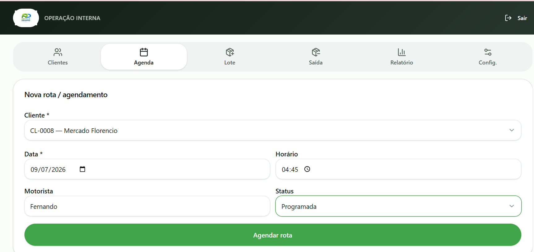 Tela de recebimento de lote no Recicla Hub